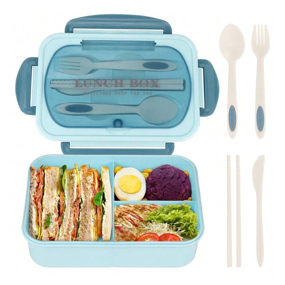 

Lunch Box - Food Grade PP5 Material Bento Box, High Temperature Resistant, Keep Warm, Easy to Carry, Lunch pack box with 3 Compartments Grid and Cutle синій