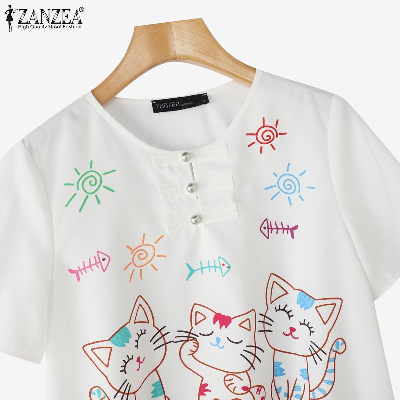 ZANZEA Women Casual Round Neck Summer Short Sleeve Print Blouse