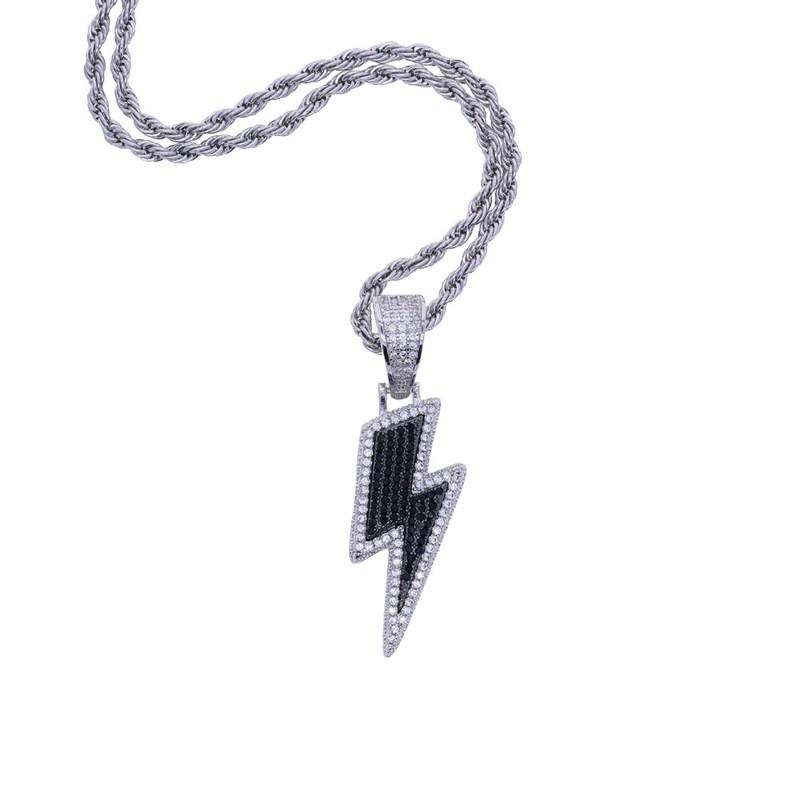 Hip Hop Lightning Pendant Necklace With Zirconia Accents Copper Chain Dual Tone Gold Platinum 60cm Geometric Jewelry