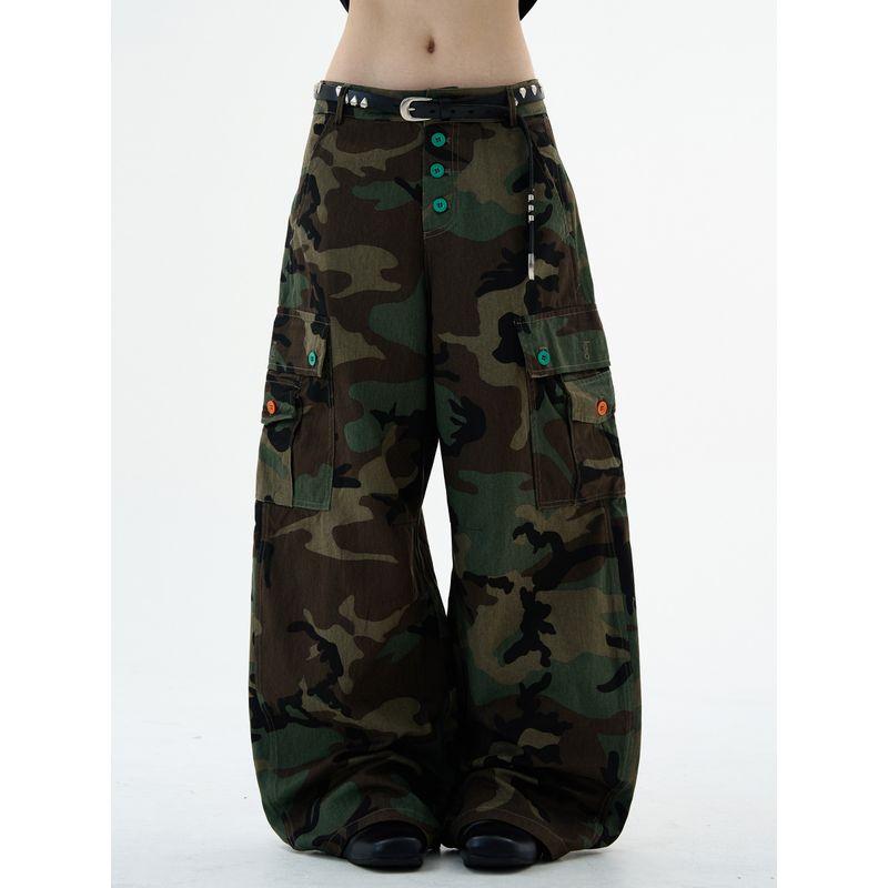 Madwitch American-Style Camouflage Scimitar Cargo Casual Pants Unisex Loose Fit Versatile Casual Color-Block Button Pants Trendy