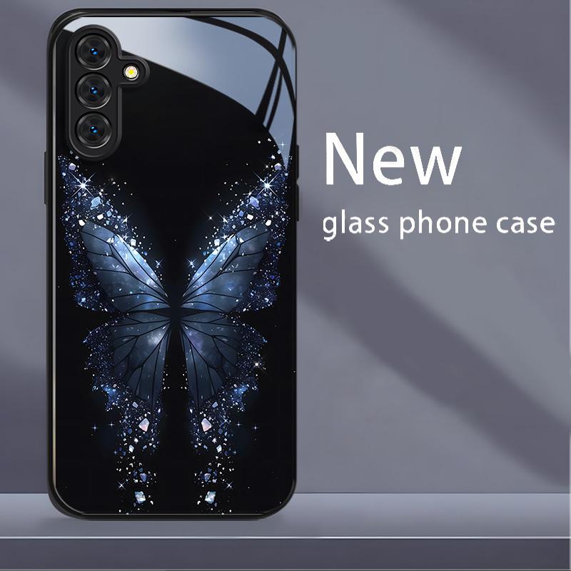 Shiny Butterfly Tempered Glass Phone Case Suitable for Samsung Galaxy S26 S25 S24 S23 S22 S20 FE/Ultra/Plus Anti Drop Back Cover