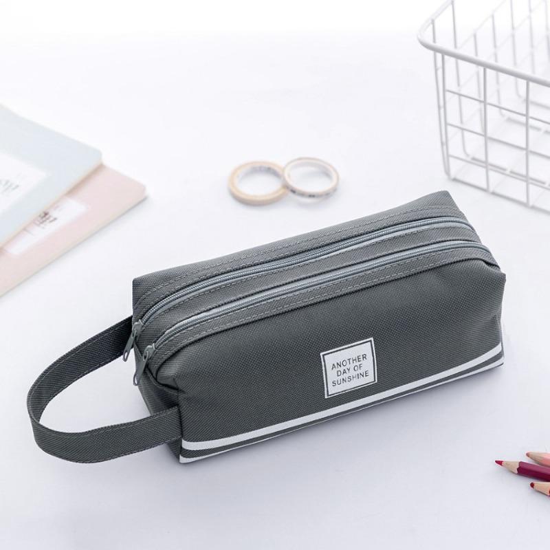Large Capacity Double Layer Double Zipper Simple Korean Style Oxford Cloth Portable Pencil Case Stationery Bag