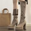 Vintage Platform Thick Heel Women Knee High Boots Fashion Slip On Shoes Autumn Winter Female Slim Suede Long Booties