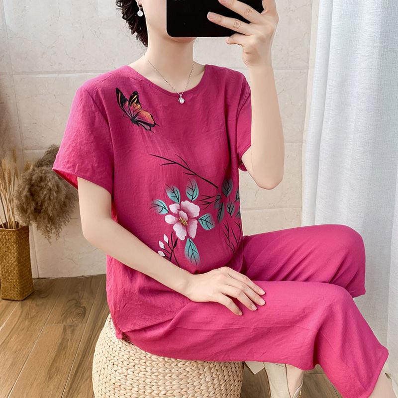 Sommer Kurzarm Set für Frauen mittleren und höheren Alters, Zweiteiliges Set, Dünner Stil