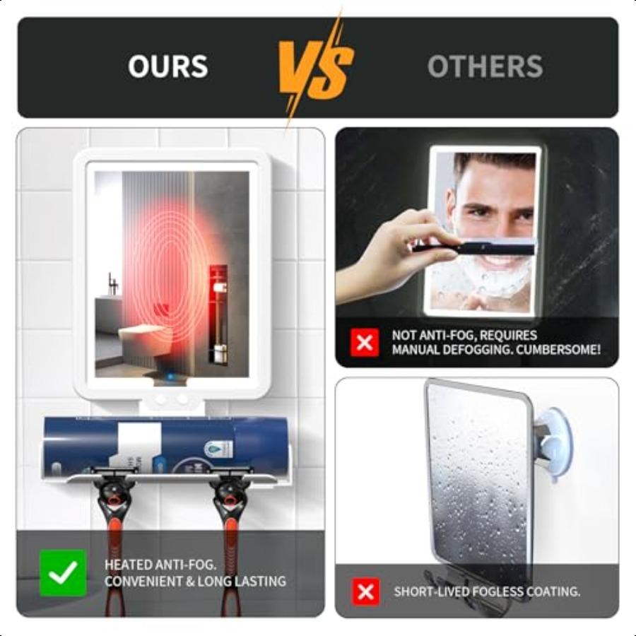 Lighted Shower Mirror Fogl for Shaving Heated Fog Free Large 9.57inch 3 Color Modes Dimming Shower Shaving Mirror with Light Re