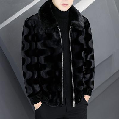 Men's Black Wave Pattern Faux Fur Jacket Stand Collar Zip-Up Warm Winter Coat