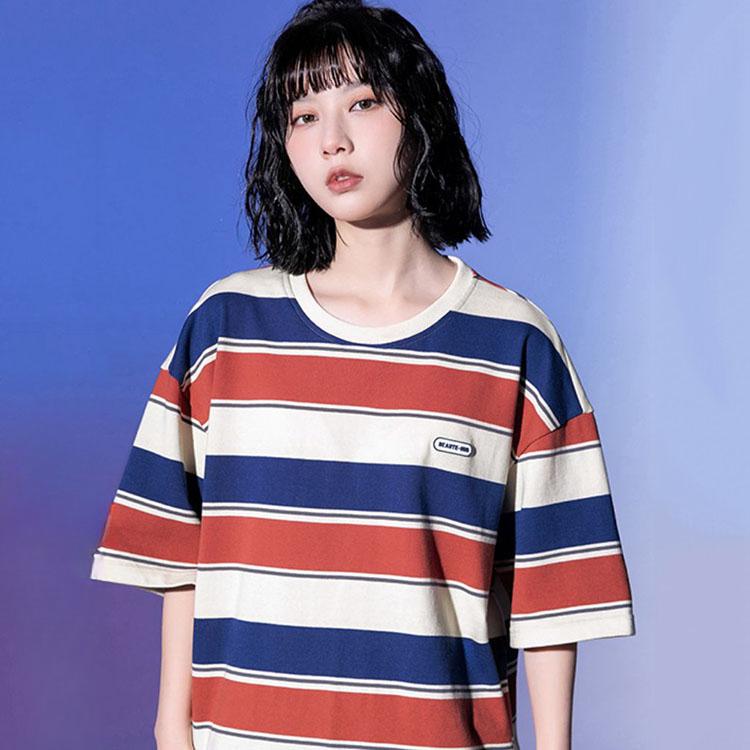 Main Striped Couples T-shirts for Men and Women Summer Loose Contrast Color Short Sleeve Shirt for Unisex