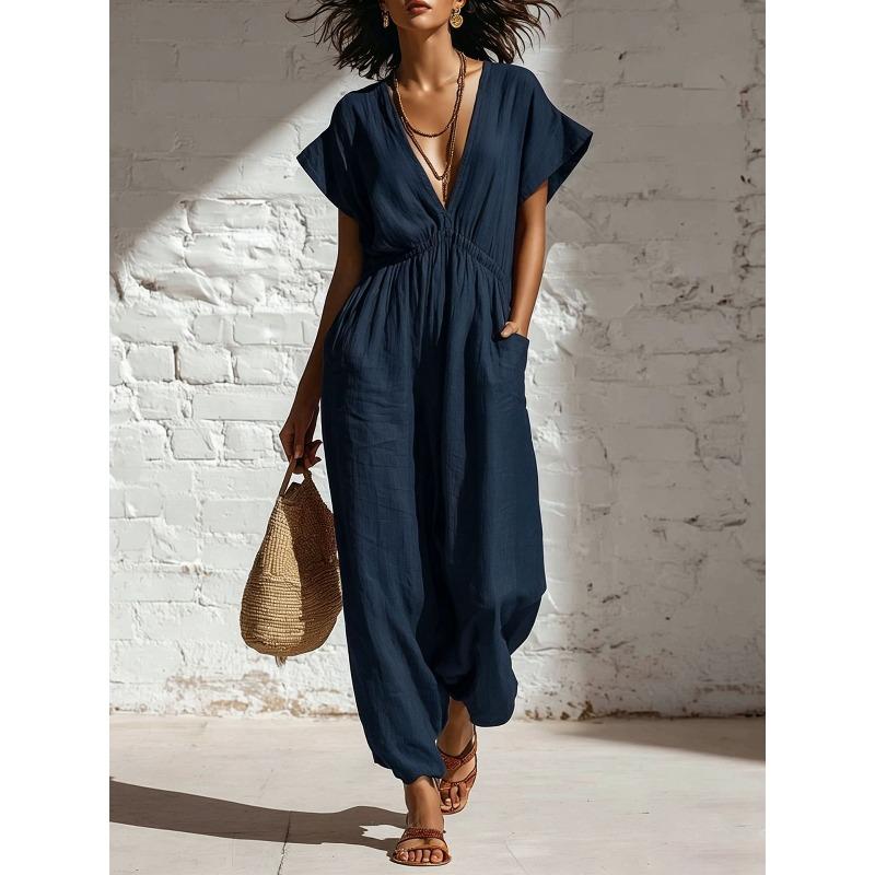 GMXIA Women's Fashion Casual Solid Color Print Summer Spring Short Sleeve V-Neck Suspenders trousers Jumpsuits & Rompers