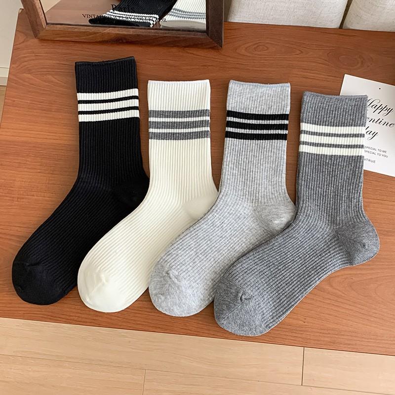 Double Needle Striped Socks Pure Cotton Tube Socks College Style Spring And Autumn Versatile Cotton Boneless Stacking Socks Women