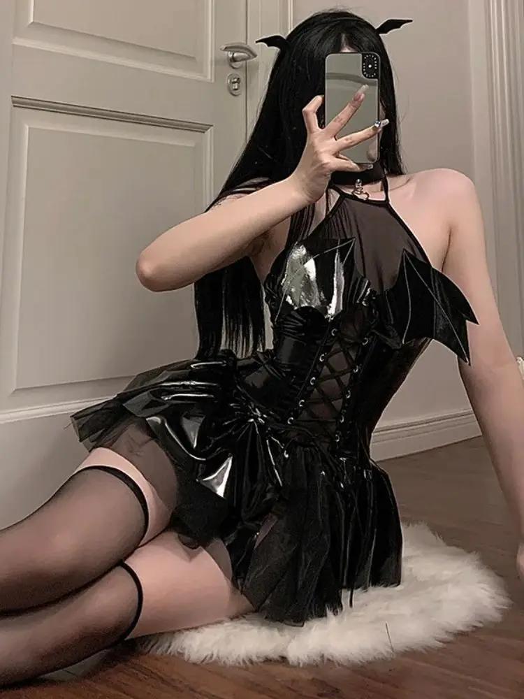 Dark Gothic Sexy Lolita Dress Animation Cosplay Costumes Naughty Role Play Apparel Stage Leather Skirt Bandage Plus Size Outfit