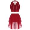 S-XXL Women's Dancewear Set: Sleeveless Halter Ruched Crop Top & Sparkly Rhinestone Irregular Hem Skirt with Built-in Briefs for Lyrical Performance