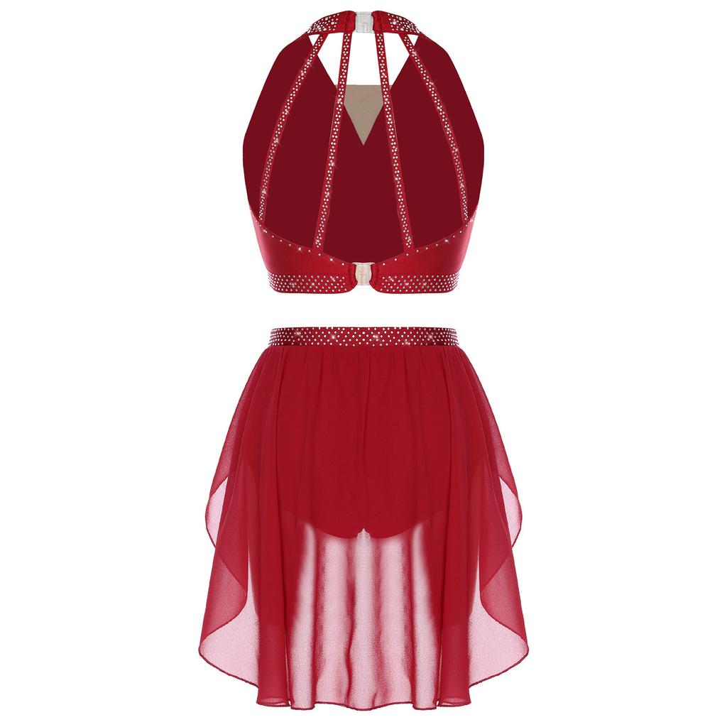 S-XXL Women's Dancewear Set: Sleeveless Halter Ruched Crop Top & Sparkly Rhinestone Irregular Hem Skirt with Built-in Briefs for Lyrical Performance