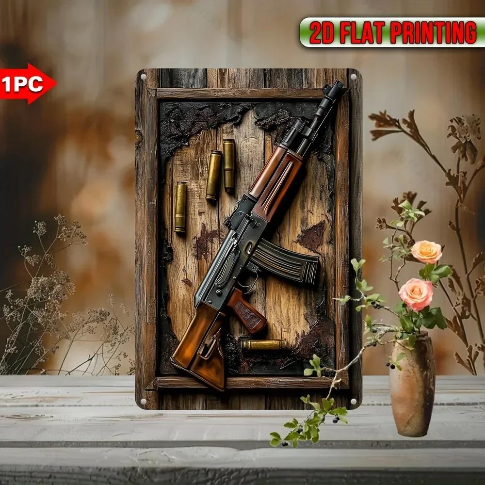 Vintage AK-47 Rifle Print Metal Sign, 1PC Wall Art. A Weatherproof Plaque, Multipurpose for Home, A Striking Wall Hanging Decor.