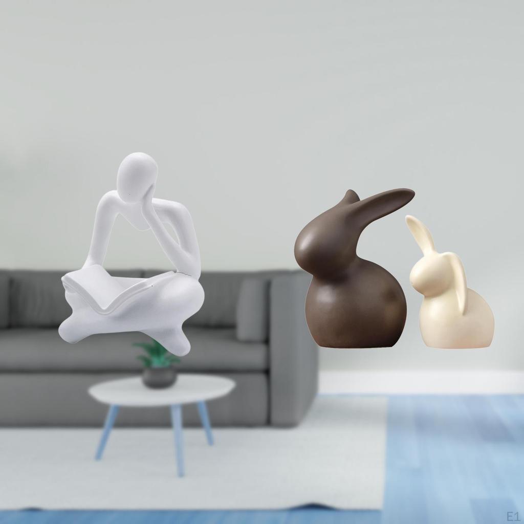 Porcelain Abstract Bunny Thinker Statue Set for Tabletop Living Room Shelf Office Bookshelf TV Stand