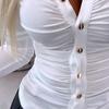 Elegant Women Solid Color Shirt Lapel Long Sleeve Office Tops Pleated Single-breasted Blouse Workwear