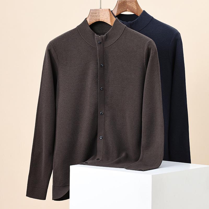 Hengyuanxiang Men's 100% Wool Thick Knit Half-High Neck Cardigan Sweater - Autumn/Winter 2025