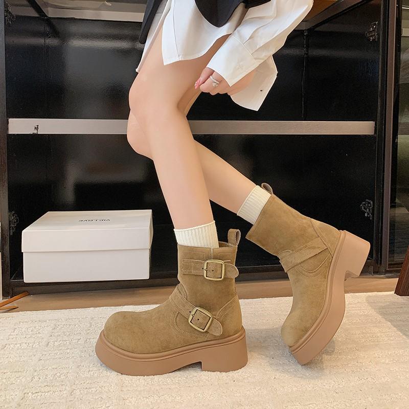 Super Fire Belt Buckle Martin Boots Women's 2025 Early Autumn New Retro Thick-soled Maillard Western Cowboy Medium Boots