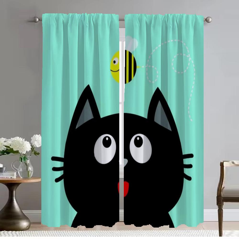 Modern Living Room Curtains for Camera Funny Lover Cat Home Interior Curtains 2 Pieces Window Curtain Halloween Decoration Child