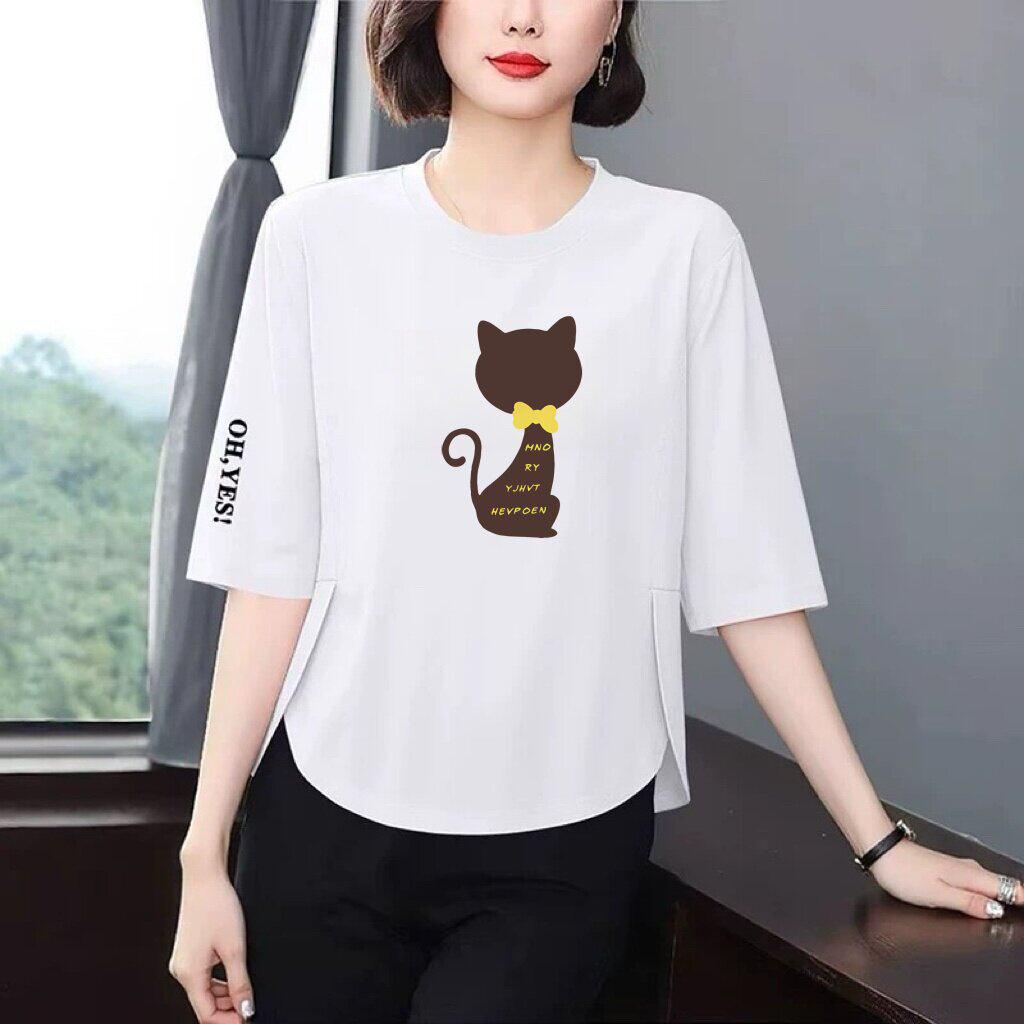 

Stylish Maternity Cat Print T-Shirt: Loose, Slimming, Belly-Covering, Versatile, Youthful, Middle-Aged Women s Top with Seven Sleeves. S