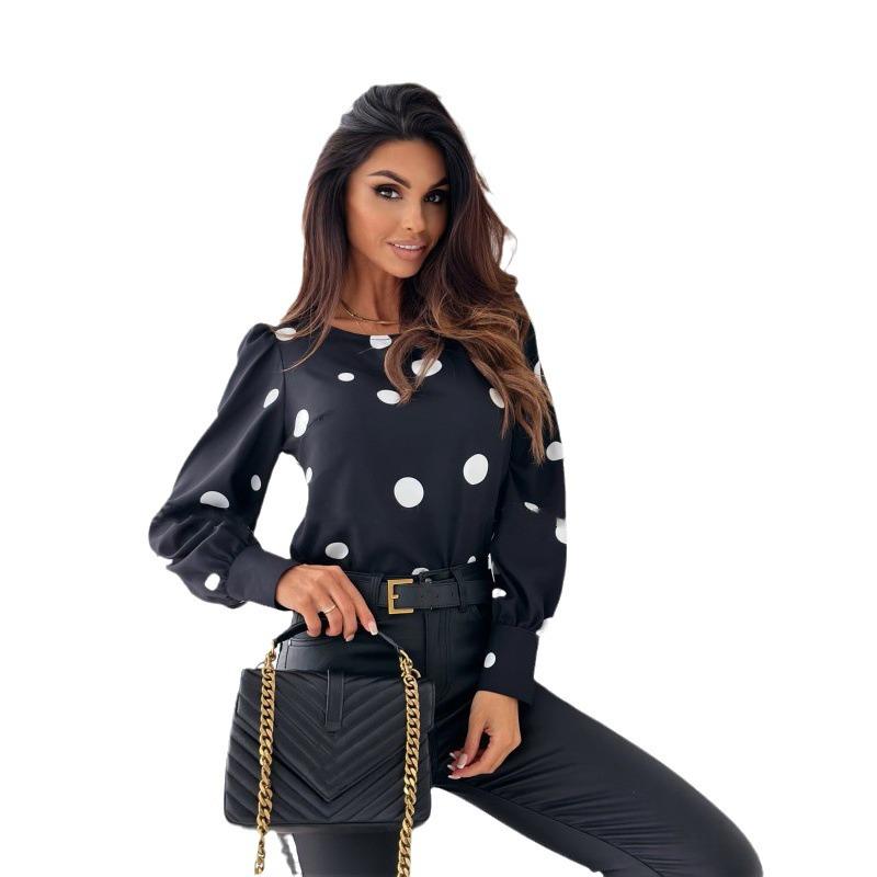 Blusa Feminina Outono 2024 Bolinhas Manga Longa Gola Redonda