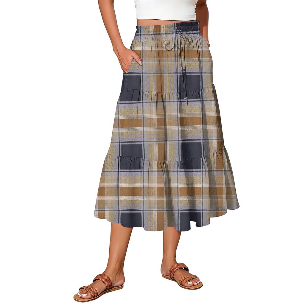 Ladies' Plaid Printed Casual Elastic Waist Drawstring Skirt