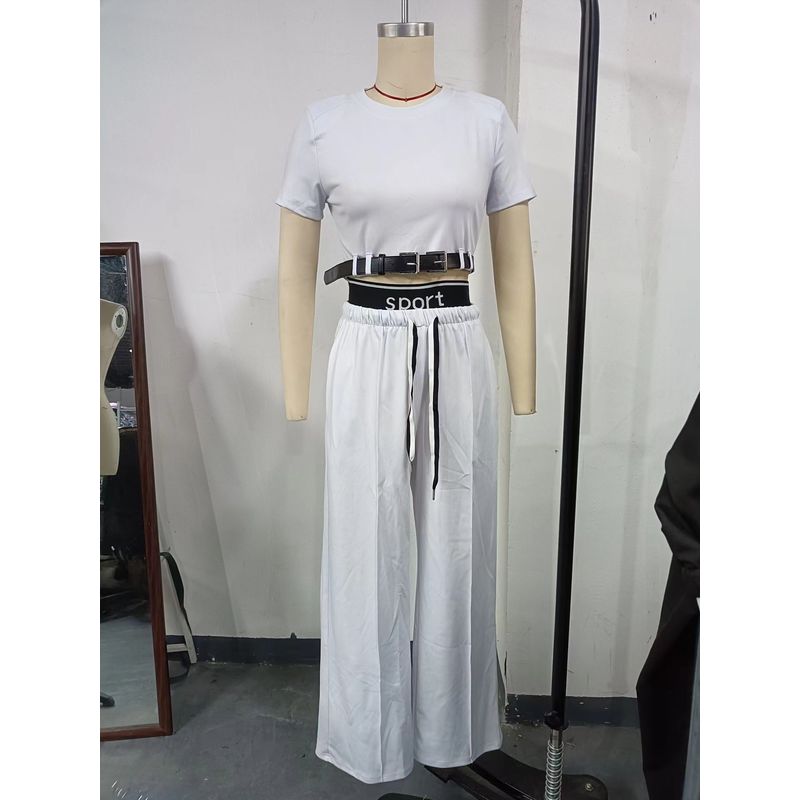 

Fashion Style Belt Design Short Sleeve T-shirt Loose-Fitting Wide-Leg Trousers Two-piece Set T-shirt and Pants Set White S