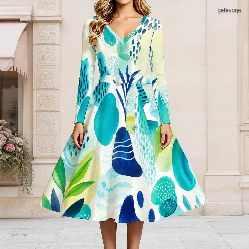 Women Plus Size V Neck Long Sleeve Printed Tie Waist A Line Flared Midi Dress