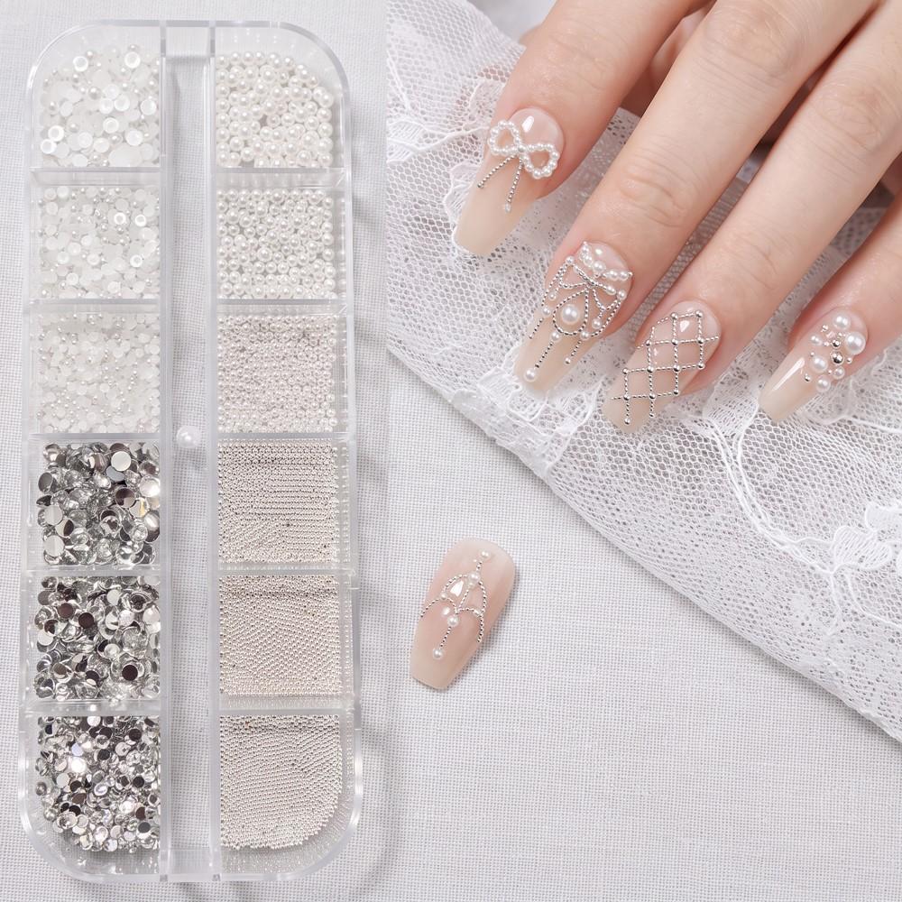 12grids White Mini Pearls & Silver Alloy Caviar Beads Nail Charms 3D Round Clear Nail Rhinestones Flatback Resin Nail Supplies