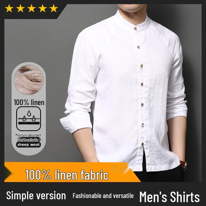 Hengyuanxiang Men's 100% Linen Chinese Stand Collar Long Sleeve Shirt