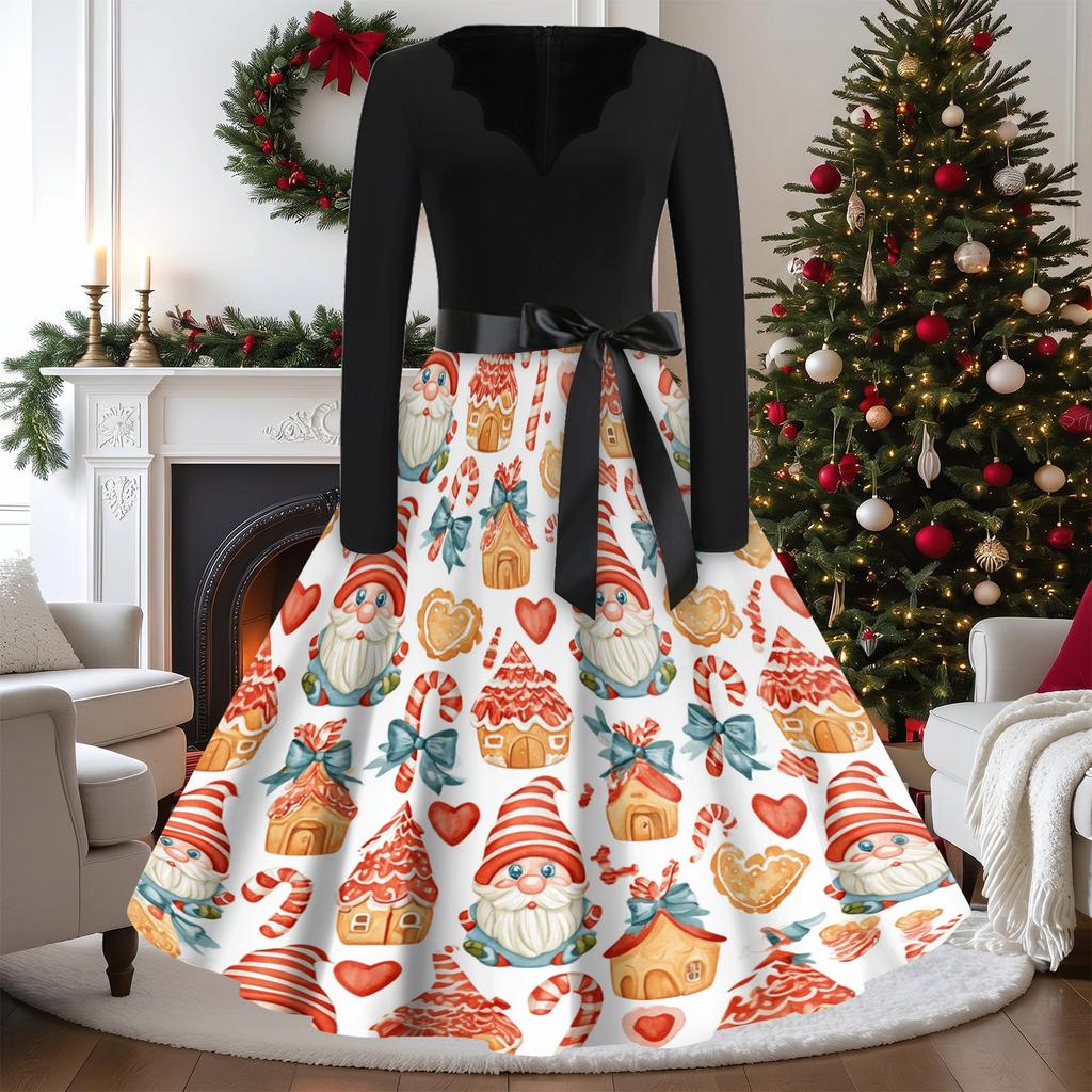 Women's Casual Vintage V-Neck Long Sleeve Dress with Christmas Print