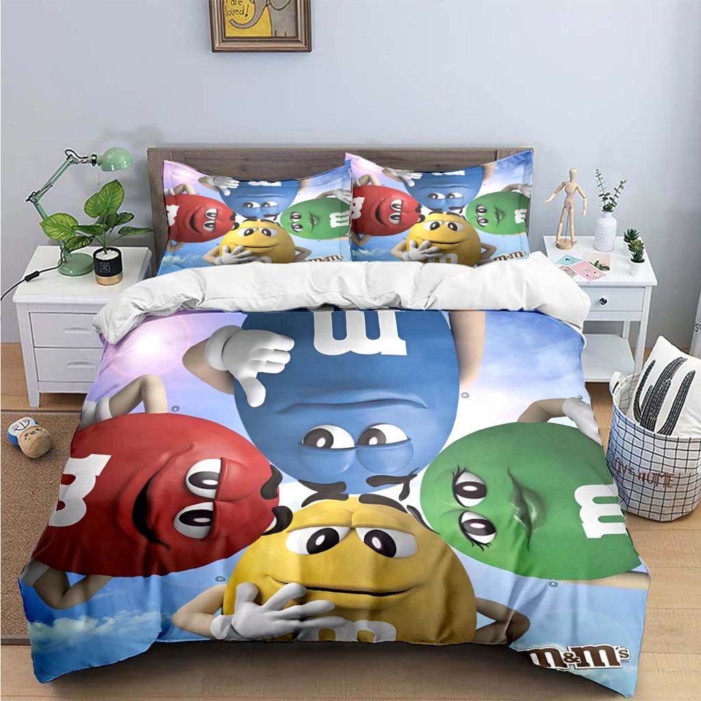 Hot Fashion M&M Chocolate Logo Print Bedding Sets Exquisite Bed Supplies Set Duvet Cover Bed Comforter Set Bedding Set Kids Gift