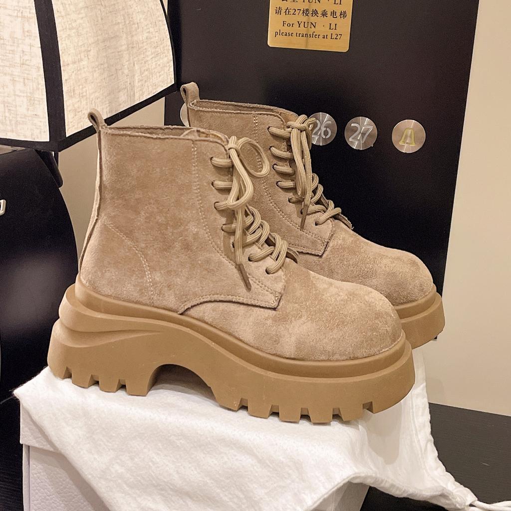Fashion Versatile Thick-soled Heightened and Thin Martin Boots Women's 2025 Autumn and Winter New Lace-up Muffin Bottom Locomotive Boots Women's Boots