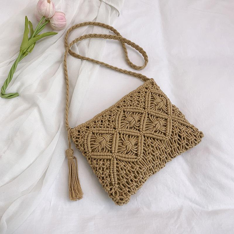 Sommer neue handgefertigte Baumwollseil Fransen gewebte Tasche Schulter Strohtasche lässig schräg Damenhandtasche