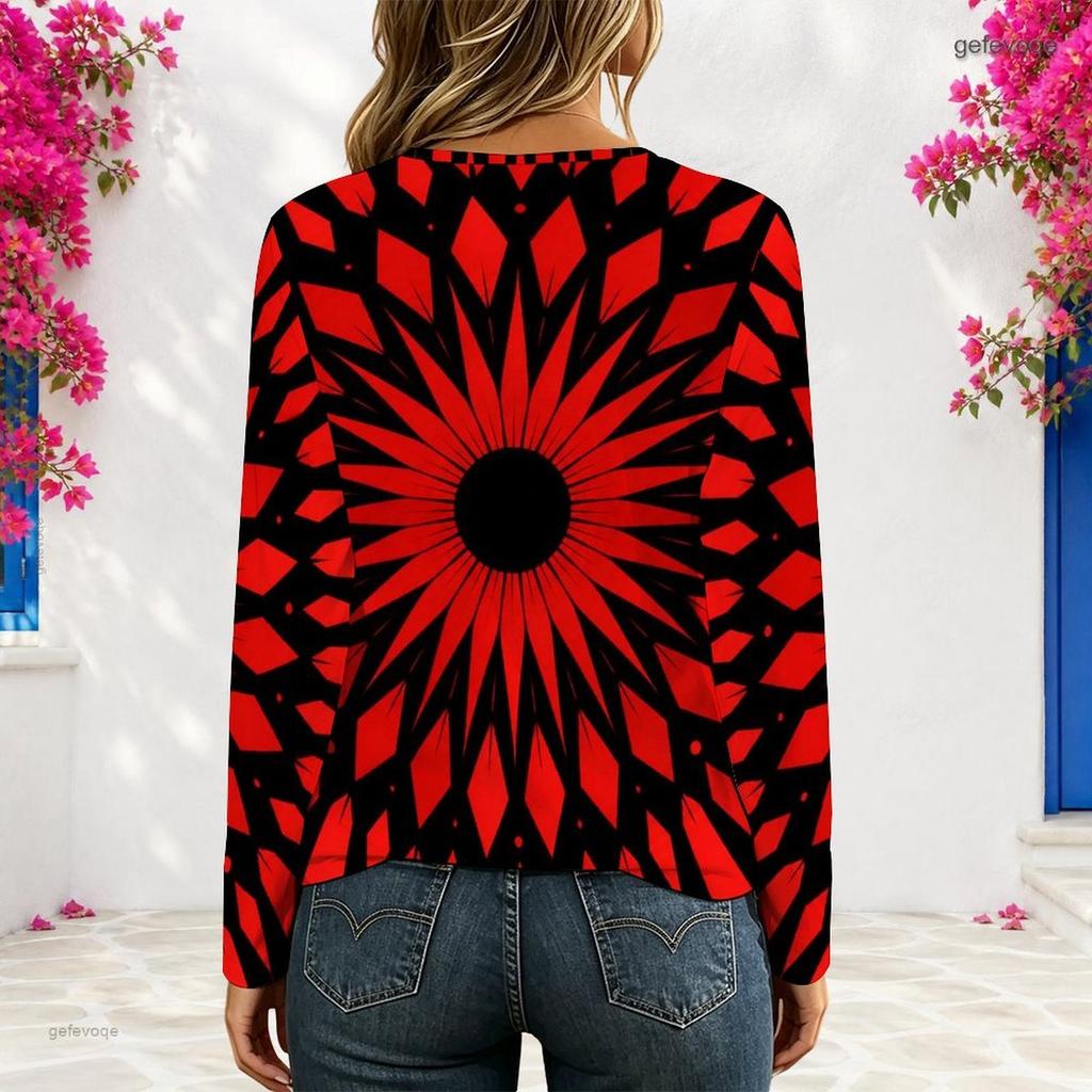 Women Plus Size V Neck Long Sleeve Printed Eyelet Chain Lace Up Top