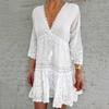Elegant Solid Flare Sleeve Mini Dress Women Loose Tassel Drawstring Beach Dresses Summer Vintage Holiday Embroidery Ladies Dress