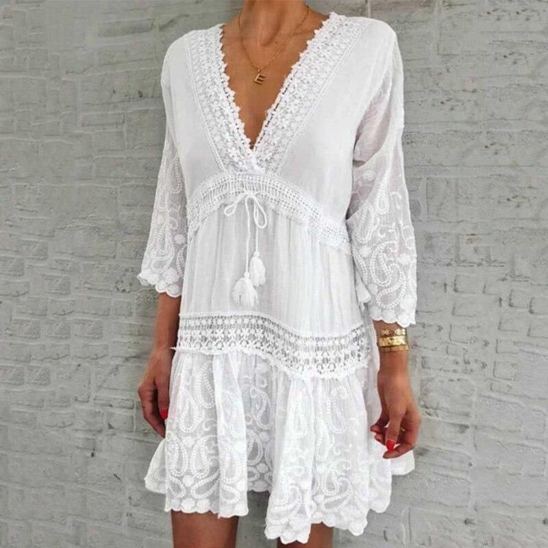 Elegant Solid Flare Sleeve Mini Dress Women Loose Tassel Drawstring Beach Dresses Summer Vintage Holiday Embroidery Ladies Dress