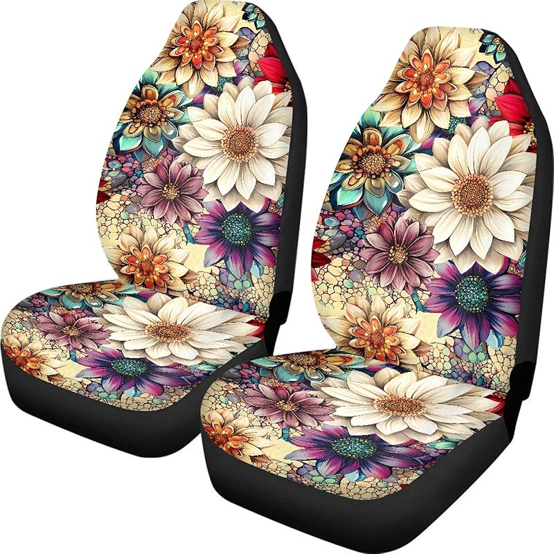 INSTANTARTS 2 PCS Mandala Car Seat Covers Boho Lotus Print Front Auto Seat Cover,Car Bucket Seats Protector Covers Universal fit for SUV Sedan Van