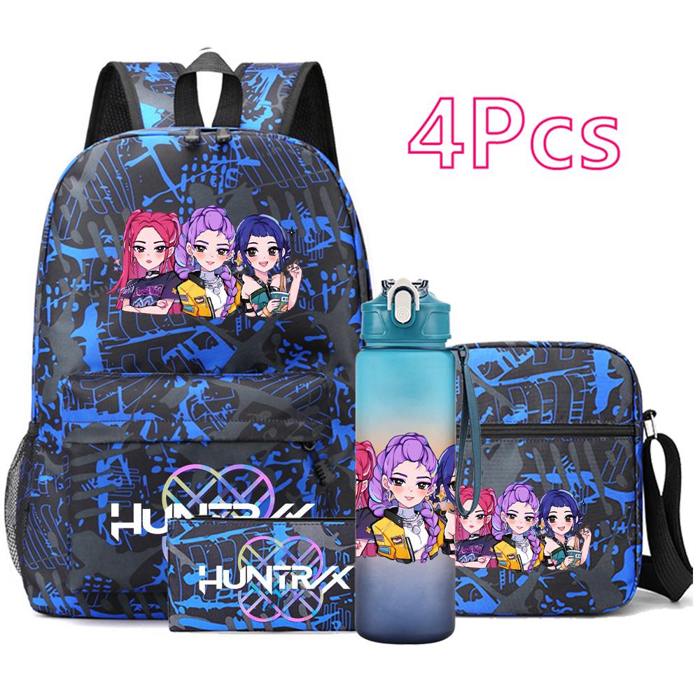 4Pcs/set New Anime Printed Backpack Large Capacity Bookbag Shoulder Bag Case Bag with 750ml Water Bottler Boy Girl Waterproof SchoolBag Mochila
