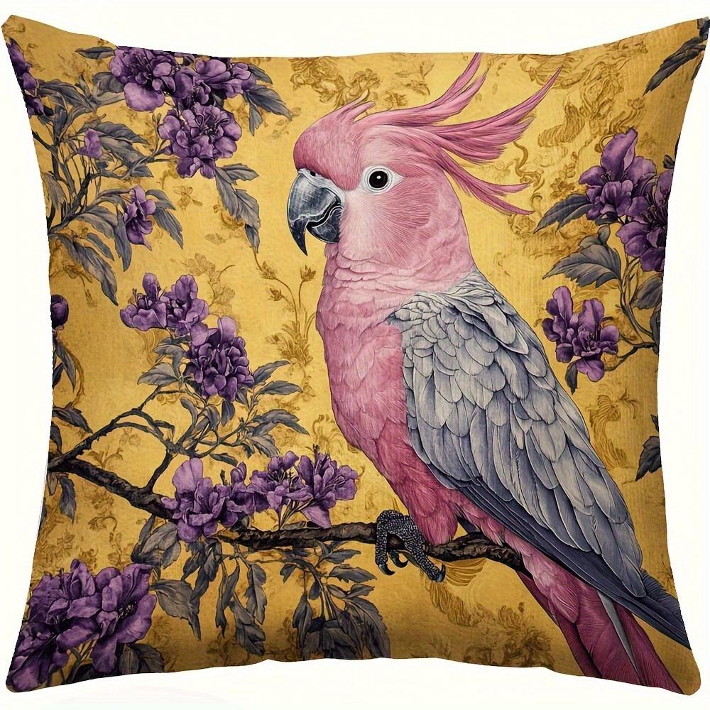 2D Flat- Vintage Pink Cockatoo And Purple Floral Throw Pillow Cover Decorative Square Cushion Case For Home Bedroom Living Room