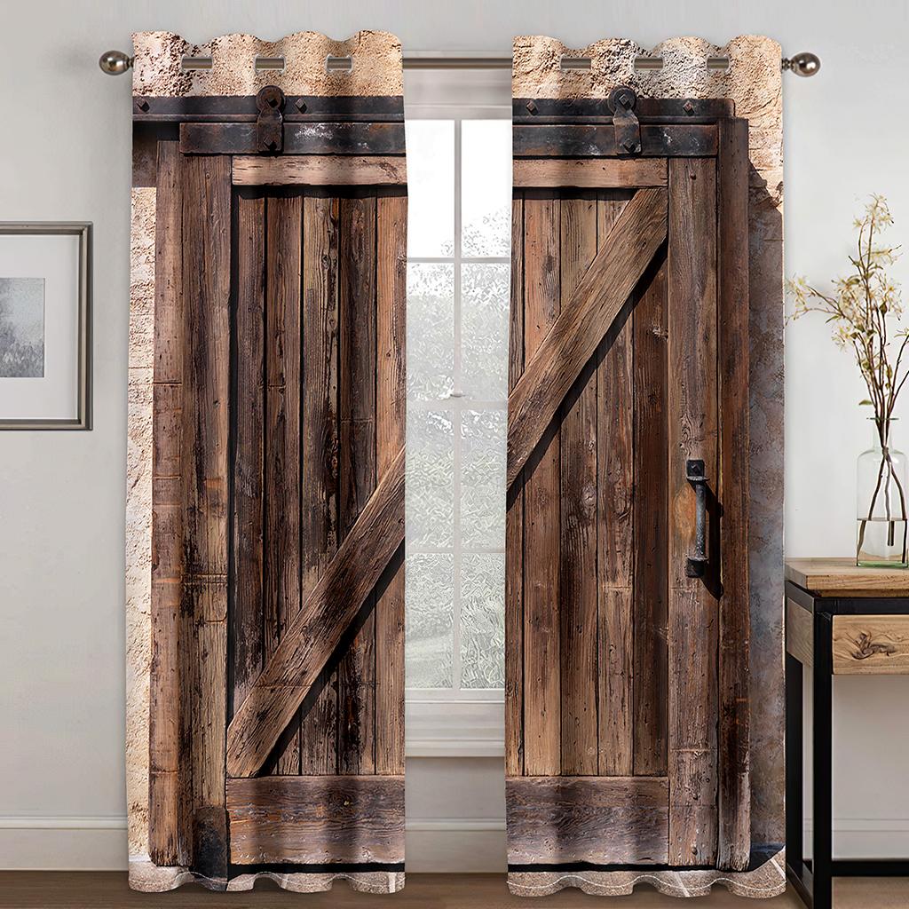 Farm Wood Door Plank 3D Digital Printed Bedchamber Livingroom Space Drape Farm Ranch Design Print Drape two pieces