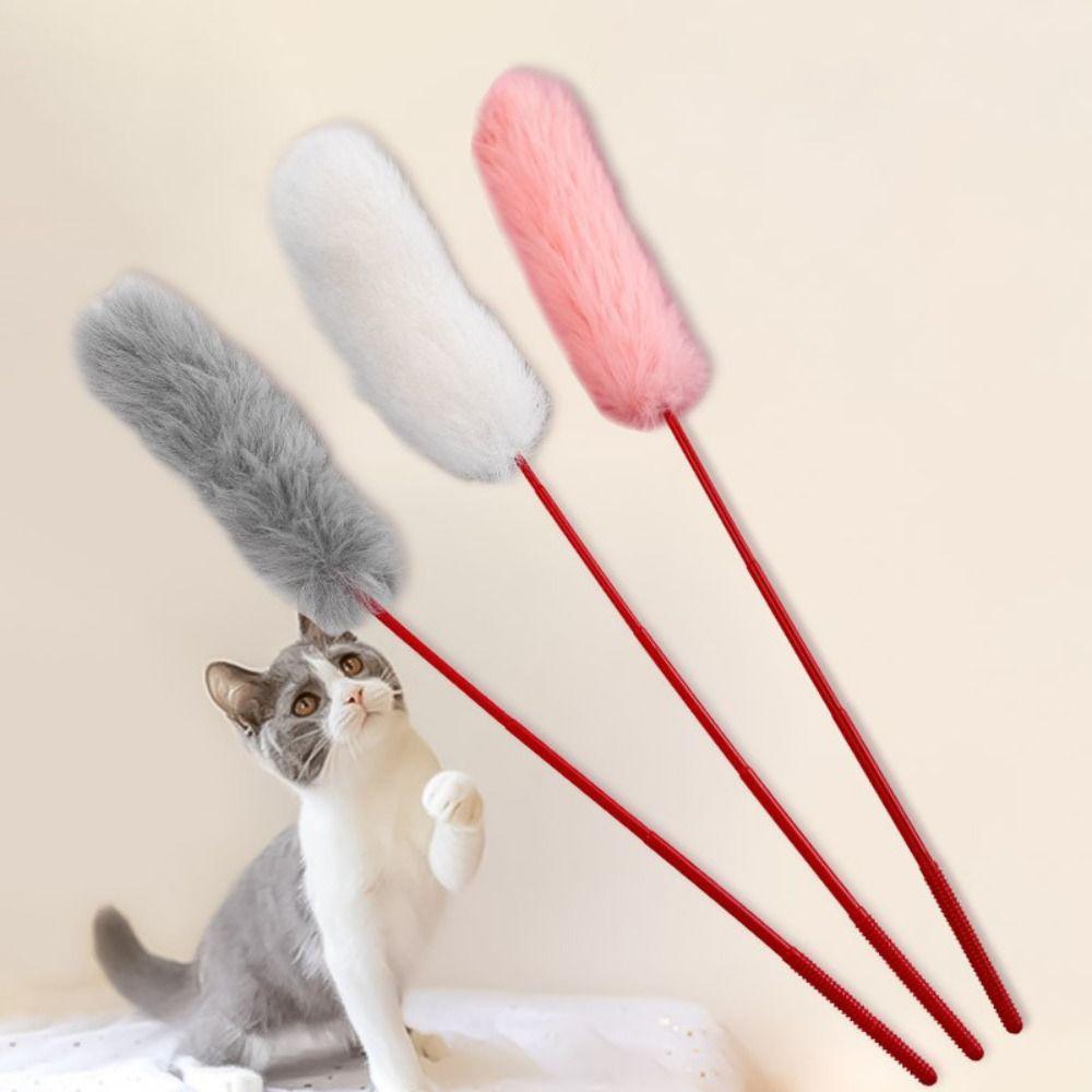 Katzenspielangel mit Kaninchenfellimitat, Korn-Griff, gegen Langeweile, Haustier-Interaktionsstab, Farbe zufällig, Flauschige Berührung, Katzenangel
