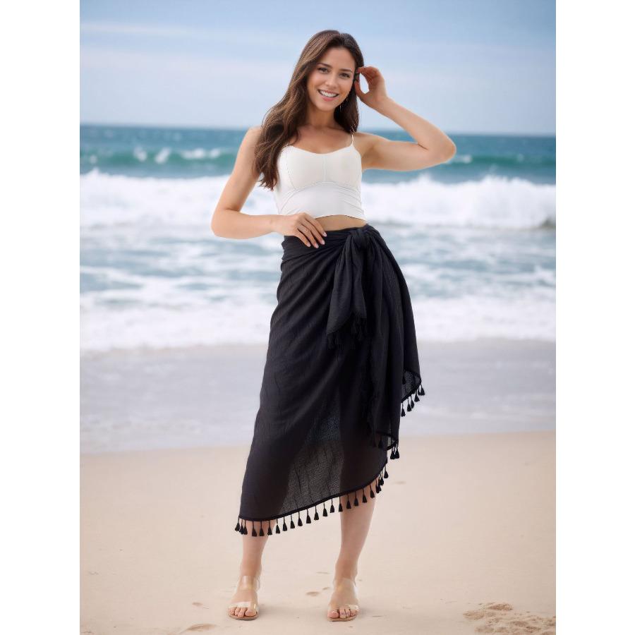 

Women s One Piece Pareo Beach Wrap Skirt Flowy Tassel Maxi Skirt, Sarong Cover Up for Vacation 1014 One size fits all чёрный