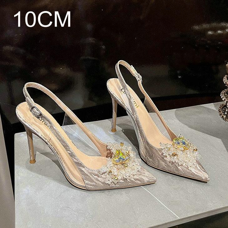Fashion 2025 New Fine Heel Pointy Diamond Pumps Pearl Wedding Shoes Sparkles Baotou Glass Glue High-heeled Sandals