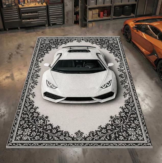 

Modern Sports Car Rug for Living Room Black and White 3D Optical Illusion Floor Carpet Cool Auto Design Contemporary Area Rug 40x60cm