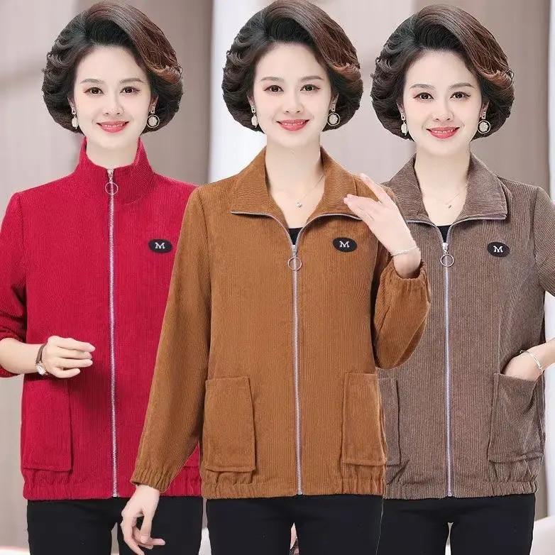 2025 Spring/Autumn Women's Plus Size Corduroy Jacket: Long Sleeve, Loose Fit, Zipper, Solid Color Cardigan