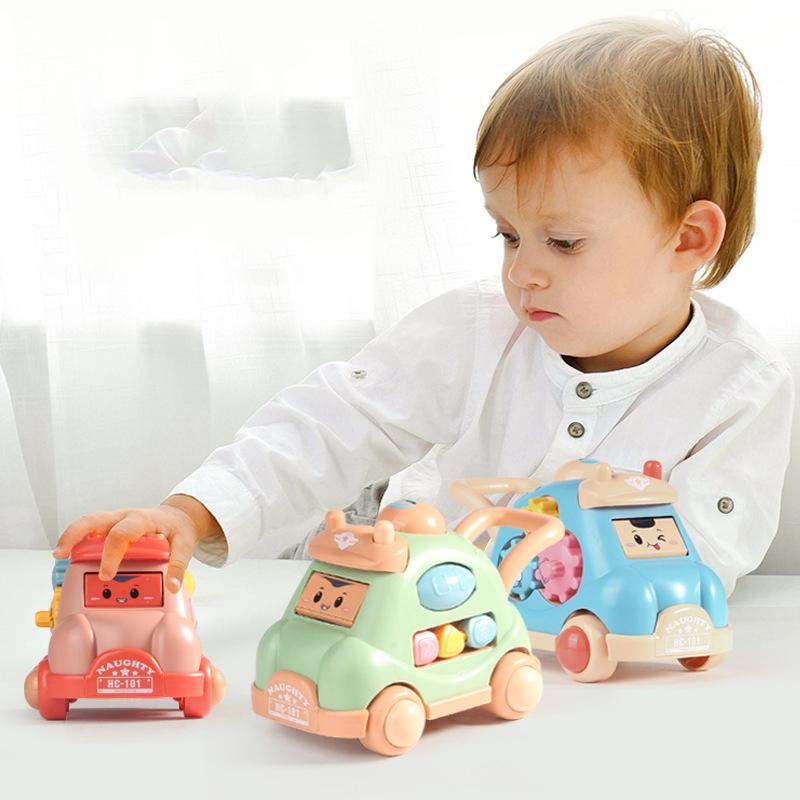 Non-Toxic Kid Pull Along Toy Walking Trolley Musical Light Up Car Toy Crawling To Walking Learning Toys Cartoon Polyhedral Trolley Car Toy
