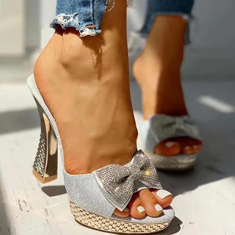 Fashion Trendy Fashion Female Bowknot Sexy Slippers 2025 Summer Slippers Women Platform Crystal Thick High Heels Shoes Woman