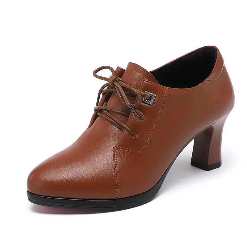 Thick Bottom Soft Leather Oxford Shoes British Lace up Women Platform Pumps 2025 Deep Mouth Block High Heels Shoes Office Mom