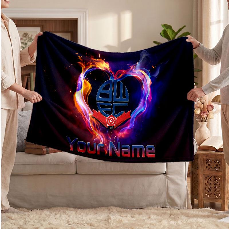 Bolton Wanderers FC Personalized Fleece Blanket With Football Logo, Custom Name Text Soft Warm Home Throw Blanket