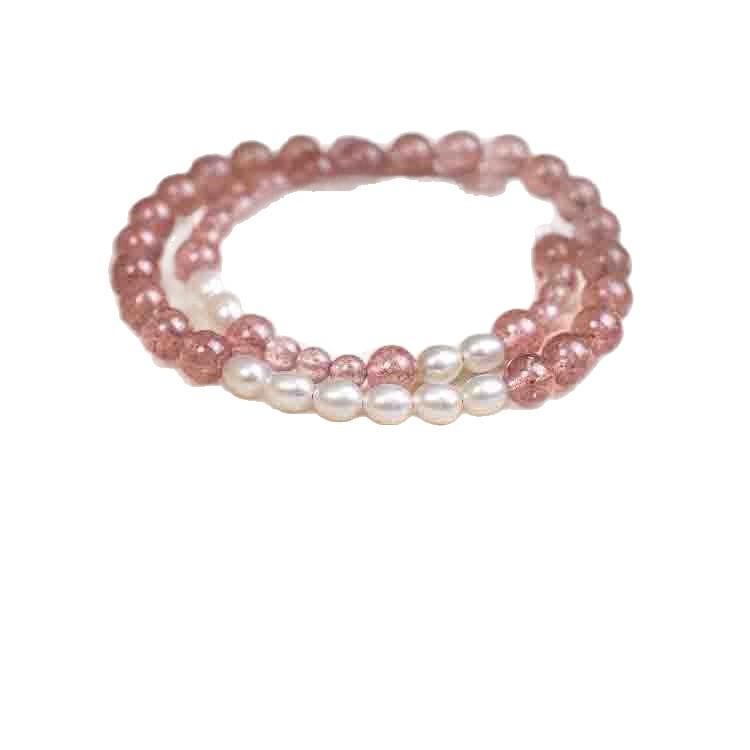 Genuine Natural Strawberry Crystal Bracelet for Women, Pearl Bracelet, Double Circle Bracelet, Attracts Love, Gift